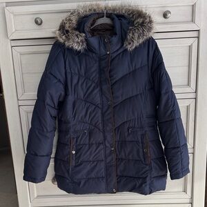 Chaps Dark Blue Puffer Jacket with Faux Fur Trim Hood
